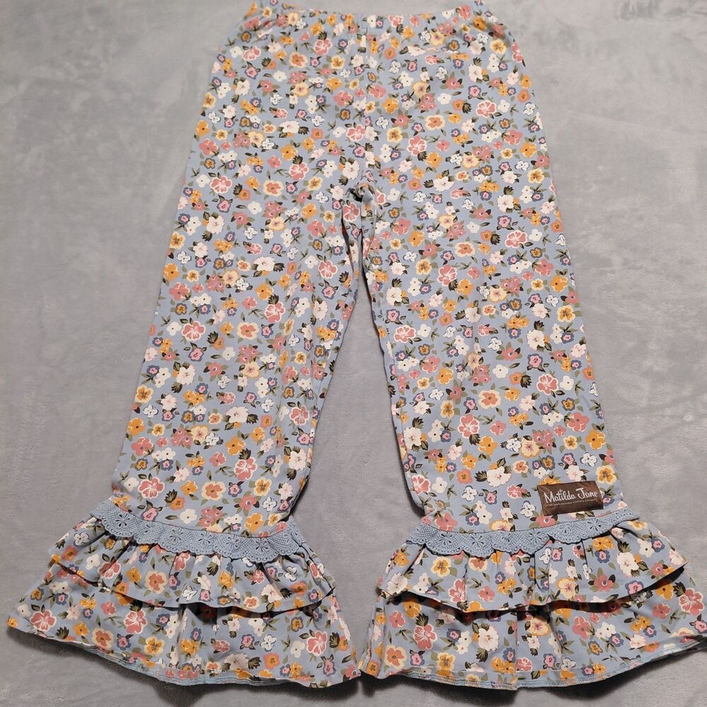 Matilda Jane Wide Leg Big Ruffle Pants Leggings Youth 14 Lace Trim Garden Flower